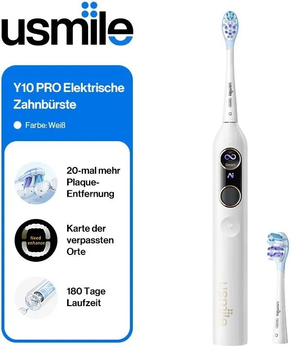usmile Y10 Pro elektrische Schallzahnbürste mit Smart-Display, 4 Reinigungsmodi, Schalltechnologie mit Timer und Drucksensor, 180 Tage Akkulaufzeit pro Ladung