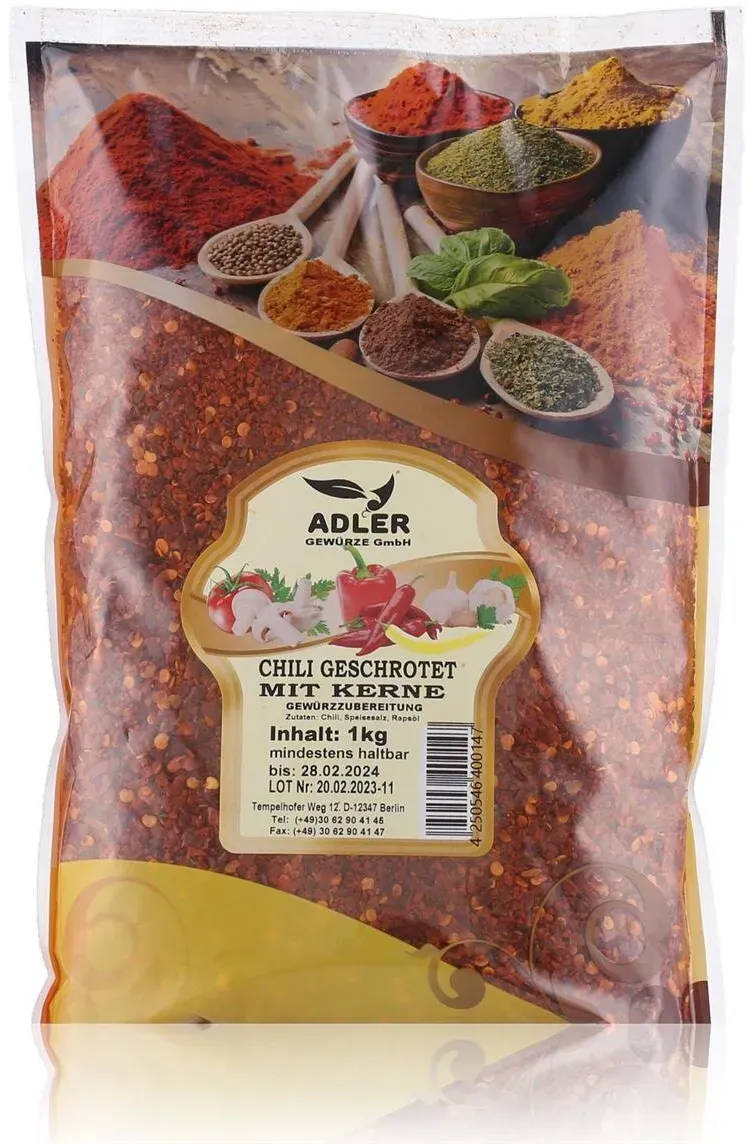 Adler Gewürze Chili geschrotet mit Kerne 1000g