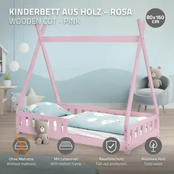 Kinderbett Tipi Rausfallschutz Holzbett Hausbett Kiefernholz Rosa 80x160 cm