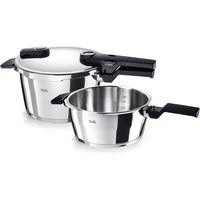 Fissler Schnellkochtopf Vitaquick®Elemental Dampfkochtopf Premium Drucktopf, Edelstahl 18/10 (Set, 3-tlg., Schnellkochtopf + Schnellbratpfanne + 1 Deckel), Schnellkochtopf-Set mit 2 Garstufen und Superthermic Boden silberfarben