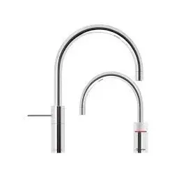 Quooker - Nordic Round Twintaps, Hahnfarbe:-Voll-Edelstahl, Warmwasser Reservoir für Heißwasseraufbereitung (kombinierbar mit Cube):-COMBI+  (mit hausseitigen Warmwasseranschluss, aber lange Wartezeit auf Warmwasser), Kaltwasser und Sprudel Reservoir (kombinierbar mit Heißwasseranlage):-ohne CUBE, Zubehör:-Lastenwechsler