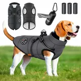 Lovpet Hundejacke Hundemantel mit Geschirr, inkl. 45 Stück Kotbeutel + Spender, Hunde Winterweste gefüttert wasserdicht, Gepolsterte Weste Mit Brustgurt, Reflektoren, D-Ring