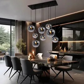 GLOBO Pendellampe Hängeleuchte Wohnzimmer Pendelleuchte Wohnzimmer Esstischleuchte rauch Glasschirm, Metall schwarz, Fassungen 8x E27, Lxbxh 105x45x120 cm