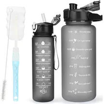 luxuskollektion 2er Pack Trinkflasche BPA-frei mit Zeitmarkierung & Strohhalm