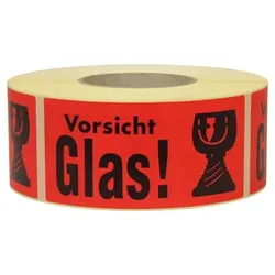 Warn- und Hinweisetiketten 145x70mm, aus Papier rot, mit Aufdruck Vorsicht Glas!