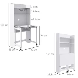 Homcom Computertisch mit Stauräumen, klappbarer Platte und 2 Rollen, für Schlafzimmer, Wohnzimmer und Haus, 80 x 69 x 153 cm, Weiß
