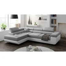 Eko Ecksofa Miami L-form mit Schlaffunktion und Bettkasten Hellgrau + Weiß Kunstleder -EKO, Links Ottomane