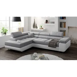 Eko Ecksofa Miami L-form mit Schlaffunktion und Bettkasten Hellgrau + Weiß Kunstleder -EKO, Links Ottomane