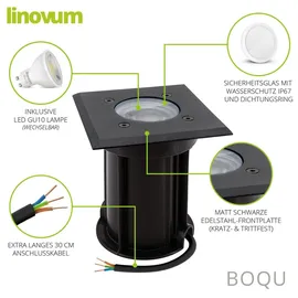 linovum BOQU 4er Set LED Außenlampen Bodenlampen mit LED GU10 3W neutralweiß - 4x Bodenstrahler schwarz IP67 mit 230V Kabel