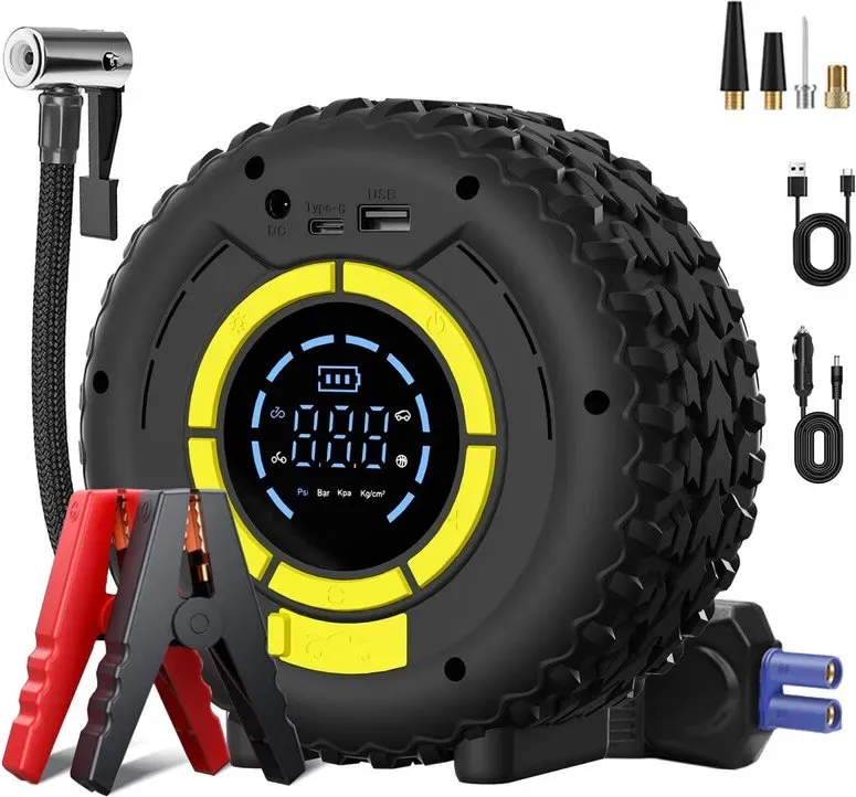 COCCKO Auto-Starthilfe mit Aufpumpper, 150-PSI-Starthilfe für Autos, 120 W Starthilfekompressor, 4 intelligente Modi, LCD-Display, LED-Beleuchtung & SOS-Modus