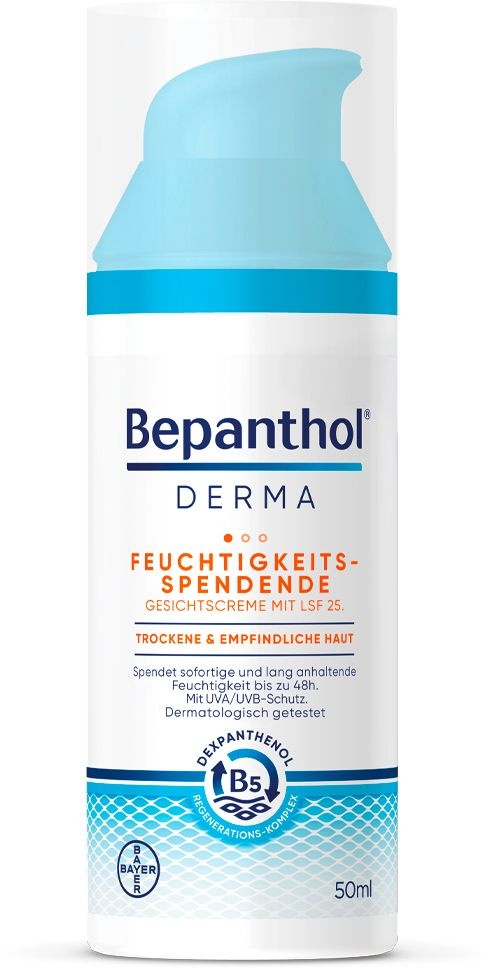 Bepanthol® Derma Feuchtigkeitsspendende Gesichtscreme mit LSF 25, Gesichtspflege für empfindliche und trockene Haut, dermatologisch getestete Feuchtigkeitscreme mit Dexpanthenol