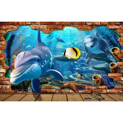 Fototapete PAPERMOON "3D DESIGN Delfine im Meer", bunt, B:3,50m L:2,60m, Vlies, Tapeten