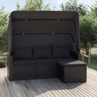 Rantry Gartensofa mit Faltbares Sonnendach und Fußhocker Gartensofa Lounge 3-Sitzer Gartenbank Sonnenliege Couch Gartenliege Möbel Schwarz Poly Rattan