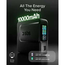SBS Pulse Power HD 35W, 10000mAh, Power Delivery (PD 3.0 PPS), AFC, Powerbank mit Schnellladen, Hochdichte, LCD-KI-Display, USB-C, USB-A, tragbares Reiseladegerät, kompakt, Schwarz