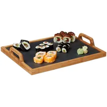 Relaxdays Serviertablett, Schieferplatte, 2 Henkel, Schiefer, Deko Accessoire, Küche, H x B x T: 6 x 40,5 x 32 cm, natur