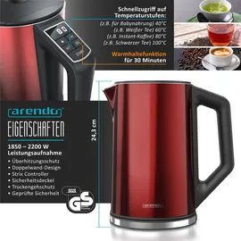 Arendo Frühstücksset, Wasserkocher ELEGANT 1,5L, 2 Scheiben Toaster Langschlitz, Rot