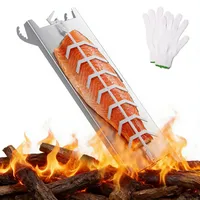 Flammlachsbrett Edelstahl, Flammlachshalter für Feuerschale mit Speziellem Spannmechanismus - Keine Schrauben Nötig, 180° Drehbar, Spülmaschinenfest, für Feuerschalen & Kugelgrills, 54×17cm