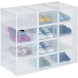 Relaxdays Schuhboxen 12er Pack, mit Tür, Schuhorganizer, stapelbar, Schuhe bis Größe 45, Lüftungsschlitze, transparent,