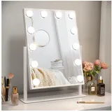 FENCHILIN Hollywood Spiegel Schminkspiegel mit Beleuchtung 12 dimmbare LED Lampen 360° Drehbar Kosmetikspiegel mit 3 Lichtfarben 10x Vergrößerung Touch-Steurung Weiß 30x41 cm