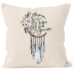 Autiga Dekokissen Kissenbezug Traumfänger Dreamcatcher Follow your Dreams Spruch Blumen Federn Spruch Boho Kissen-Hülle Deko-Kissen Autiga® beige