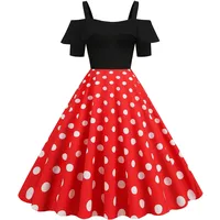 50er Rockabilly Petticoat Kleid Damen Hepburn Tupfen Druck Abendkleid Kurzarm Ballkleid mit Schulterfrei Rüschensaum Sling Cocktailkleid Swing Partykleid A-Linie Abiballkleid - M