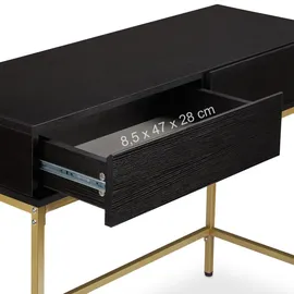 Relaxdays Konsolentisch, 2 Schubladen, Sideboard Flur, Wohnzimmer, Ablagetisch Holzoptik, HBT 80x110x40 cm, schwarz/gold