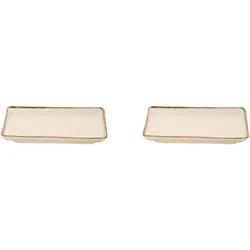 Maastricht Porselein Akoya flache Teller - 2er-Set, Steinzeug, 18x13 cm, rechteckig, Crème farben, glänzend,  braun umrandet, für Menü, Beilagen