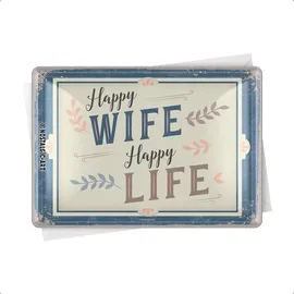 Nostalgic-Art Retro Blechpostkarte, 10 x 14 cm, Happy Wife Happy Life – Geschenk-Idee mit Spruch, Postkarte aus Metall, Mini-Blechschild als Grußkarte