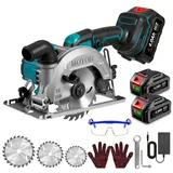 ONEVAN Akku Handkreissäge, Bürstenlos Akku Mini Kreissäge mit 2 3000mAh Akkus, 7000RPM Tauchkreissäge Schnitttiefe 48mm, 0-45°, mit 3 Sägeblättern (125mm, 140mm, 150mm)