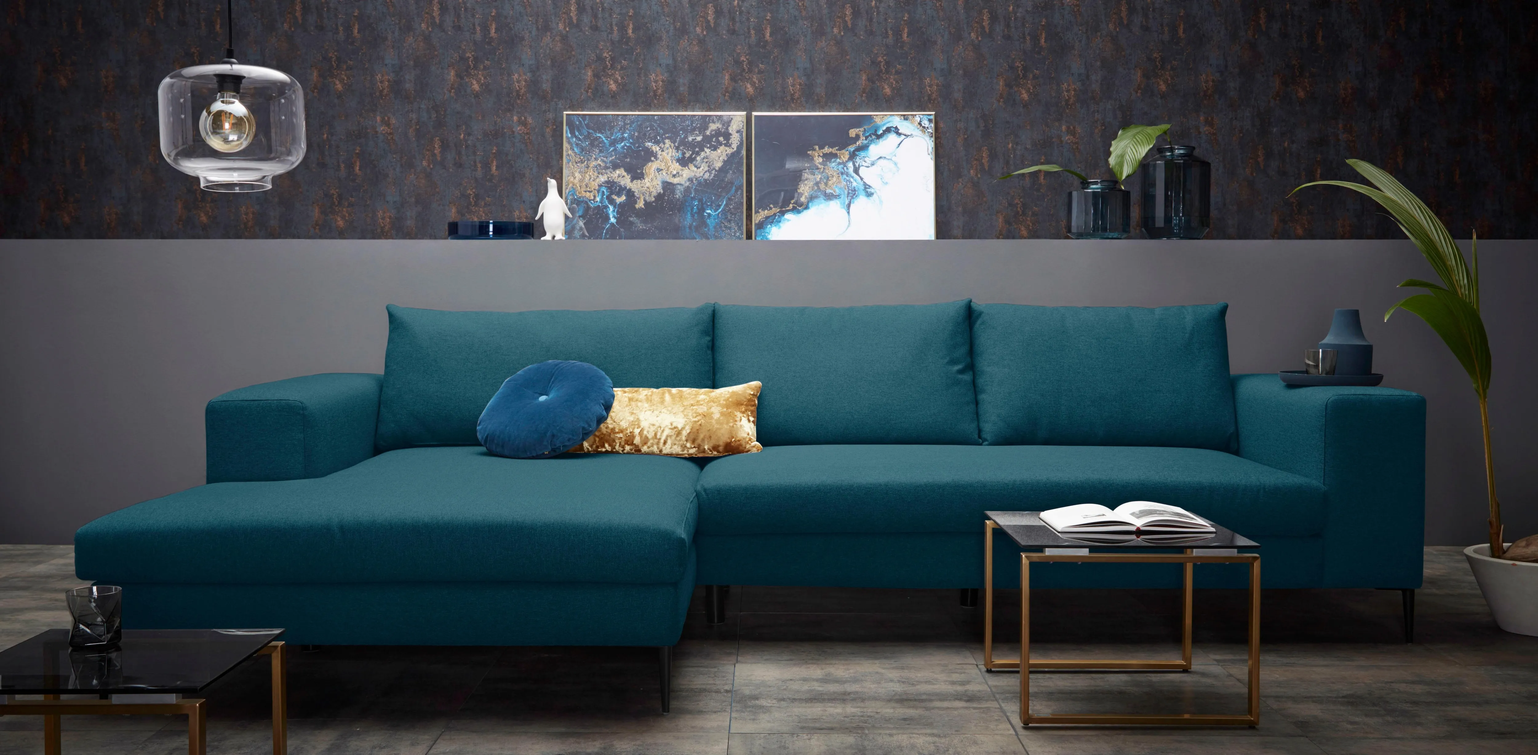 INOSIGN Ecksofa »Aurora, L-Form, mit extra breiter Recamiere, 324 x 170 cm (BxT)«, Designsofa mit tollem Sitzkomfort, extra hohe Metallfüße schwarz INOSIGN petrol