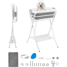 Vevor Hundebadewanne 28L, Erhöhte Haustierbadwanne mit Metallgestell Abfluss & Lagerregal, Faltbare Haustierwanne zum Baden & Pflegen für Kleine Hunde Katzen bis 8kg, Tragbare Hundedusche, Grau & Weiß