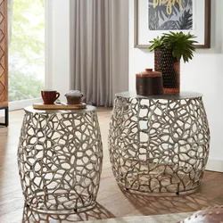 Kadima Design Silbernes Beistelltisch-Set mit ausgefallener Aststruktur, Aluminium, vielseitig einsetzbar. 46x46x42 cm