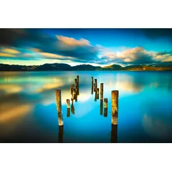 Fototapete PAPERMOON "HOLZ-BRÜCKE-ALT STEG MEER GEBIRGE SEE STRAND SONNE RUHE", bunt, B:3,50m L:2,60m, Vlies, Tapeten