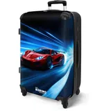 NoBoringSuitcases.com® Koffer Kinder Groß 67x43x25 cm Reisekoffer Kinderkoffer 4 Rollen Leicht Trolley Große M Hartschalenkoffer für Jugendliche Rennwagen - Rot - Blau