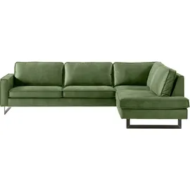 PLACES OF STYLE Ecksofa »Pinto, 290 cm, Cord, Chenille, Lederoptik, Ottomane links / rechts«, mit Keder, schwarze Metallfüße, Wellenunterfederung grün
