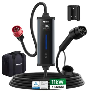 GONEO Mobile Wallbox 11kW 6M Ladekabel CEE 16A auf Typ 2, Fi Schutzschalter | Überhitzungsschutz | Timer | 3-Phasig, 6/8/10/16A Einstellbar IP66 EV Ladegerät Für EVs & PHEVs
