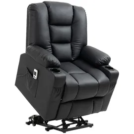 Homcom Fernsehsessel mit Aufstehhilfe Elektrisch Relaxsessel mit Massagefunktion, USB, Liegefunktion, Massagesessel mit Fernbedienung, Becherhalter, Seitentasche, Fußteil, Rollen, Schwarz Kunststoff, Metall, 98x102x90 cm, Wohnzimmer, Sessel, Fernsehsessel