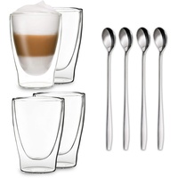 DUOS® Latte Macchiato Gläser 4x 400ml + 4x Löffel, Cappuccino Tassen, Eiskaffee Doppelwandige Kaffeegläser, Cappuccino Gläser