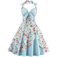 Damen Vintage Polka Dot 1950er Rockabilly Neckholder Audrey Kleid Retro Floral Abend Cocktail Swing Kleid, Himmelblau, Groß - L