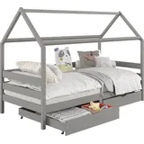 Idimex Hausbett CLIA Montessori aus massiver Kiefer, Kinderbett mit Dach, Tipi Bett mit 2 Schubladen in grau