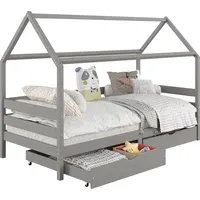 Idimex Hausbett CLIA Montessori aus massiver Kiefer, Kinderbett mit Dach, Tipi Bett mit 2 Schubladen in grau