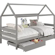 Idimex Hausbett CLIA Montessori aus massiver Kiefer, Kinderbett mit Dach, Tipi Bett mit 2 Schubladen in grau
