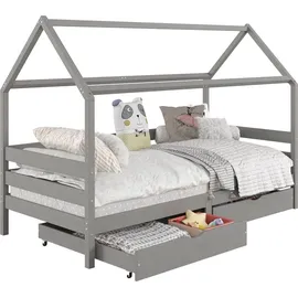 Idimex Hausbett CLIA Montessori aus massiver Kiefer, Kinderbett mit Dach, Tipi Bett mit 2 Schubladen in grau