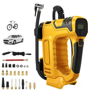 Akku Kompressor kompatibel mit Dewalt 20V Akku, Elektrische Kabellos Luftpumpe 120PSI, Reifenfüller mit LED-Licht, Automatisch Stop, Fahrradpumpe, für Auto, Motorrad, Fahrrad, Bälle (ohne Akku)