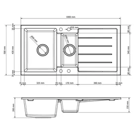 faizee home Granitspüle 2 Becken rechts Einbauspüle weiß Handbetätigung 1000 x 500 mm