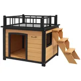 Hundehütte - Erhöhtes Hundehaus mit Balkon - Mit Treppe und Fenster - Hundehöhle für kleine Hunde - Gelb