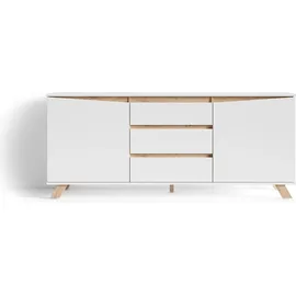 byLIVING Kommode Valentin, Sideboard Breite 180 cm, matt weiß, Applikation in Eichen-Optik - Weiß/Braun