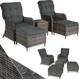 tectake® 2X Premium Rattan Sessel mit Hocker und Tisch, Relaxsessel für Garten, Terrasse und Balkon, Lounge Gartenmöbel Set wetterfest, Gartenstühle, Lesesessel und Sonnenliege - grau-meliert/grau