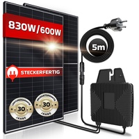 Balkonkraftwerk 830/600W, BENY 600W Micro-Wechselrichter, 2x415W Solarmodule, 5m Anschlusskabel, Photovoltaikanlage, Mini-PV Anlage genehmigungsfrei, Solaranlage, Solarpanel, Inverter, Balkon