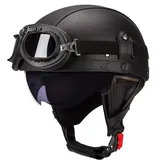 Vintage Deutsch Leder Motorrad Halbhelm, ECE-geprüft Männer Frauen Halbschalenhelme mit Schutzbrille und Visier, Retro Offener Schutzhelm für Fahrrad Cruiser Scooter Chopper
